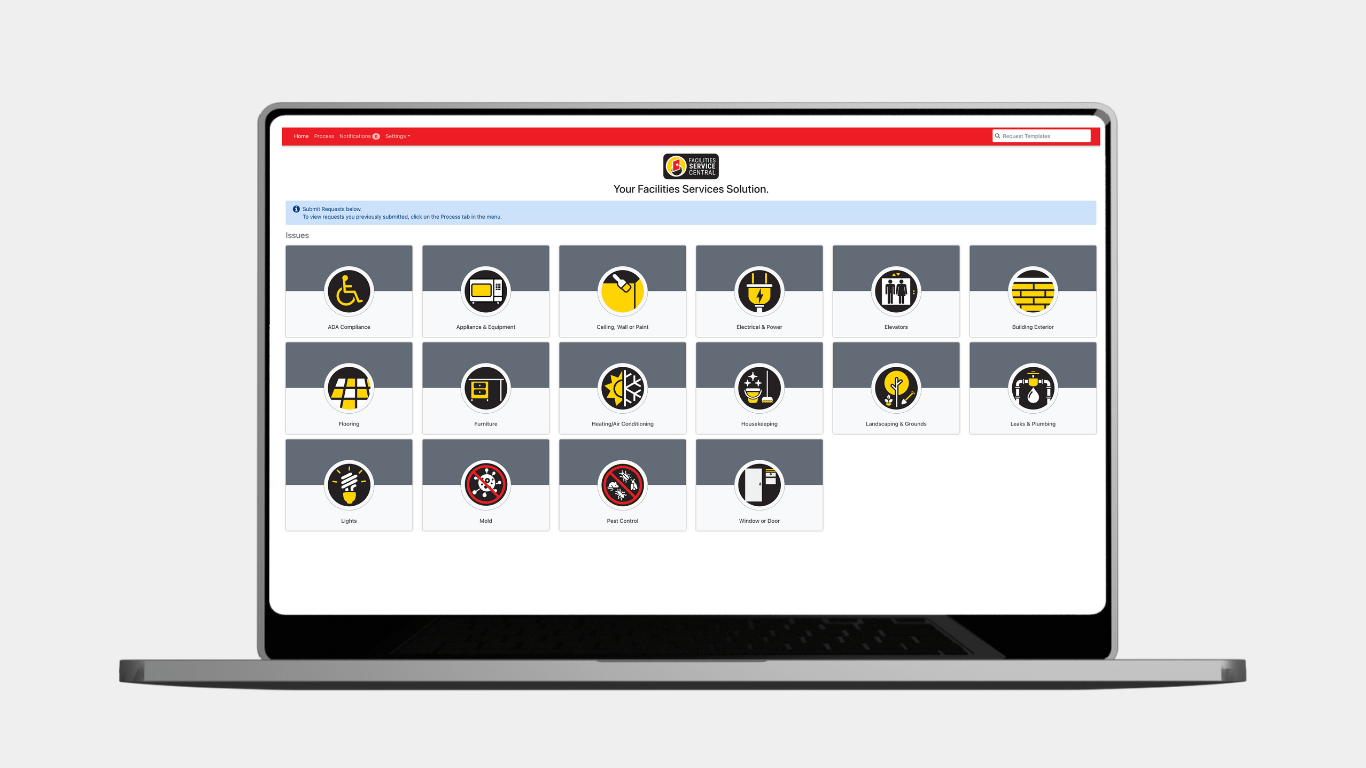 laptop mockup showing facilities service central web portal