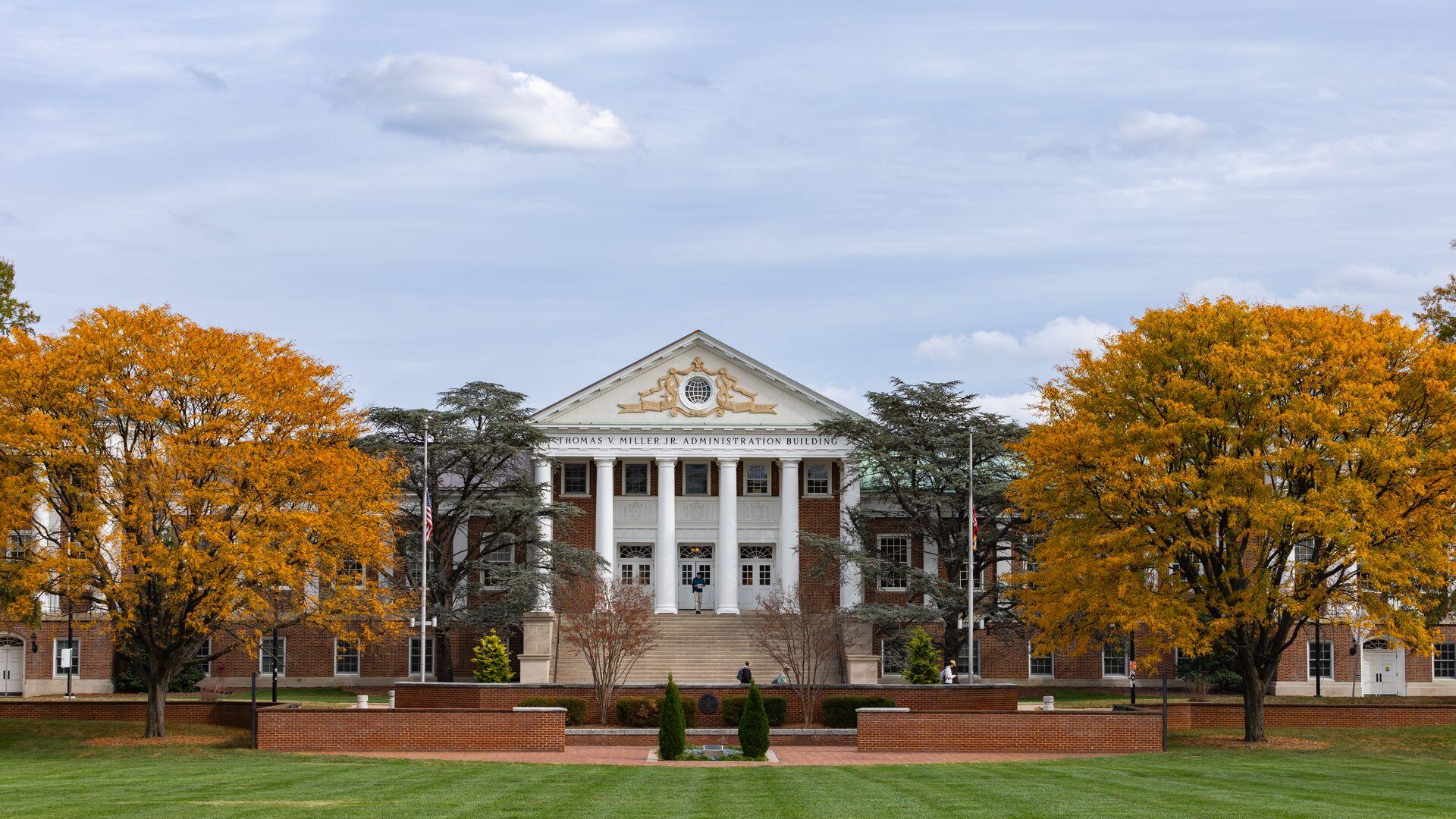 View of Miller Administration Building with fall foliage.